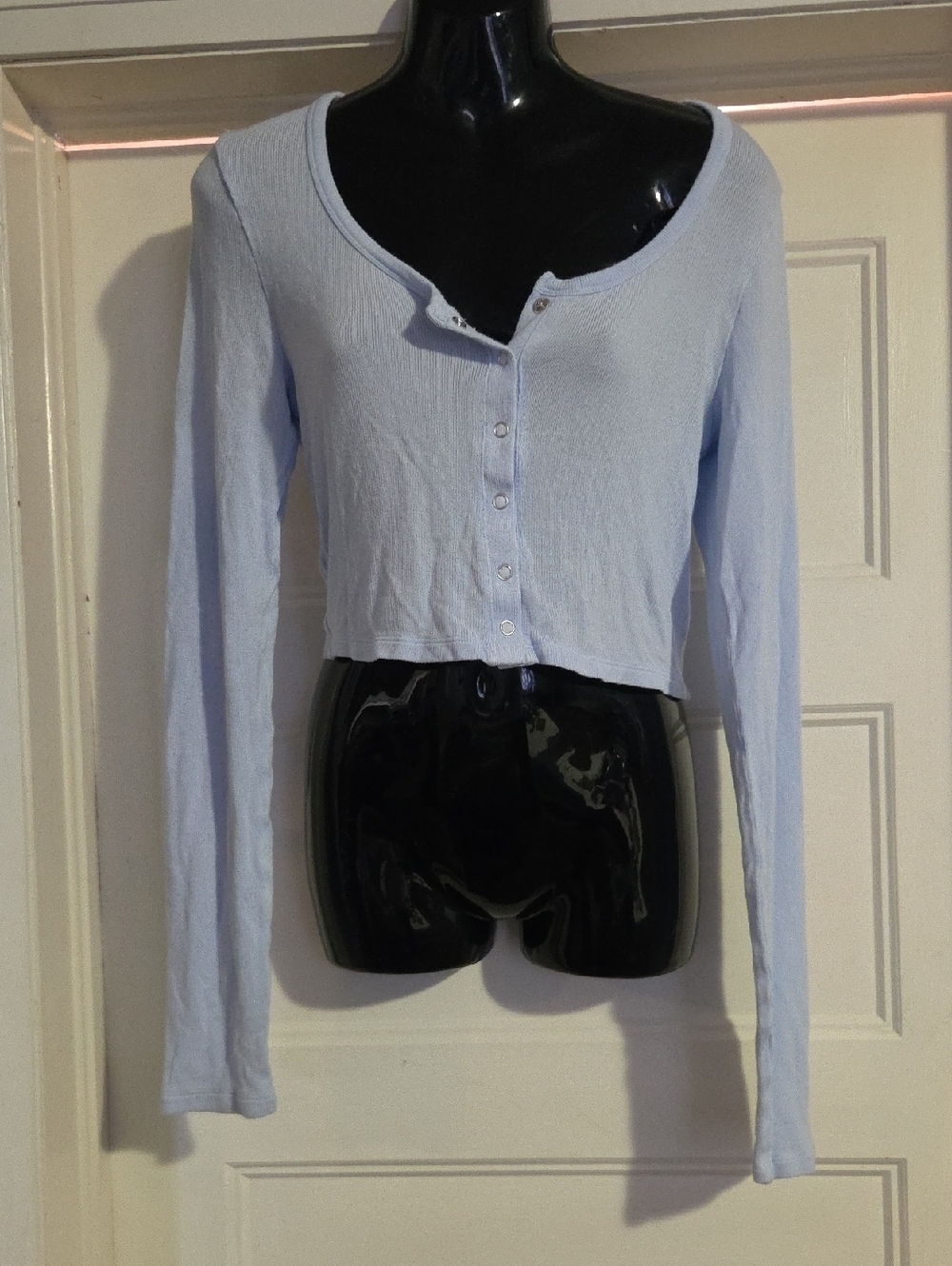 aerie Light Blue Ribbed Cropped Button-Up Top